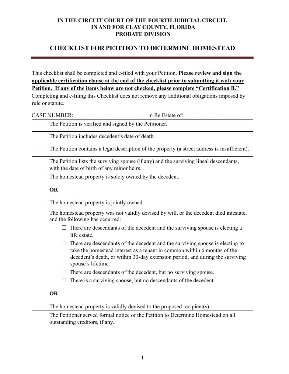 Checklist for Petition to Determine Homestead - Clay County, Florida, Page 1