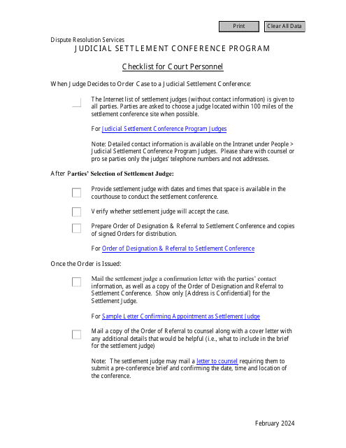 Checklist for Court Personnel - Judicial Settlement Conference Program - Virginia Download Pdf