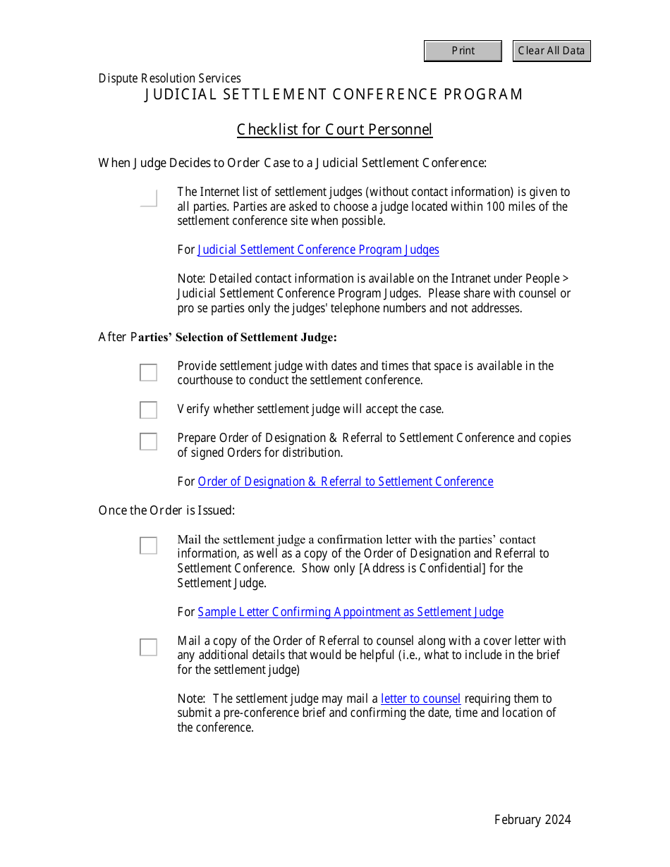 Checklist for Court Personnel - Judicial Settlement Conference Program - Virginia, Page 1