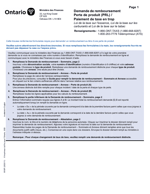 Forme 0550F Demande De Remboursement Perte De Produit (Prl)/Paiement De Taxe En Trop - Ontario, Canada (French)