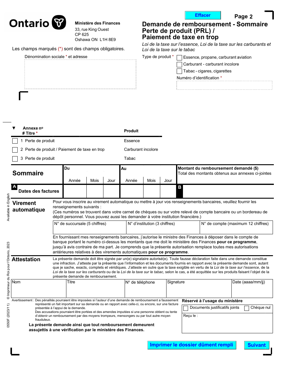 Forme 0550F Demande De Remboursement Perte De Produit (Prl) / Paiement De Taxe En Trop - Ontario, Canada (French), Page 3