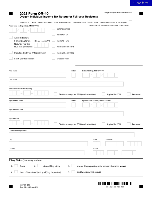Form OR-40 (150-101-040) Oregon Individual Income Tax Return for Full-Year Residents - Oregon, 2023