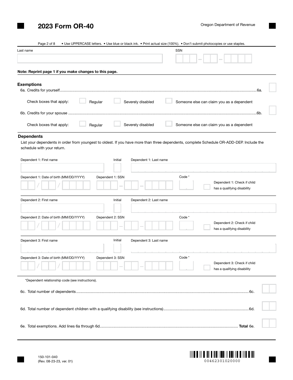 Form OR-40 (150-101-040) Oregon Individual Income Tax Return for Full-Year Residents - Oregon, Page 2
