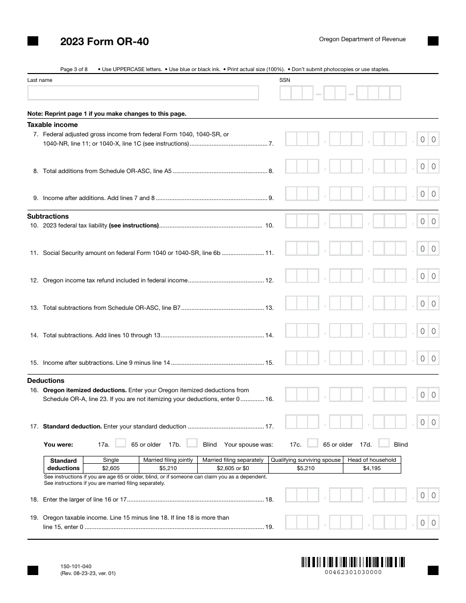 Form OR-40 (150-101-040) Oregon Individual Income Tax Return for Full-Year Residents - Oregon, Page 3