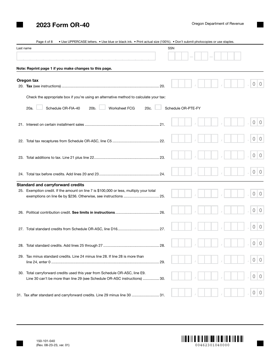 Form OR-40 (150-101-040) Oregon Individual Income Tax Return for Full-Year Residents - Oregon, Page 4