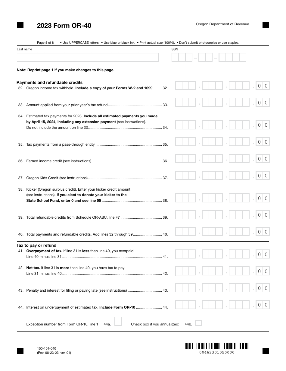 Form OR-40 (150-101-040) Oregon Individual Income Tax Return for Full-Year Residents - Oregon, Page 5