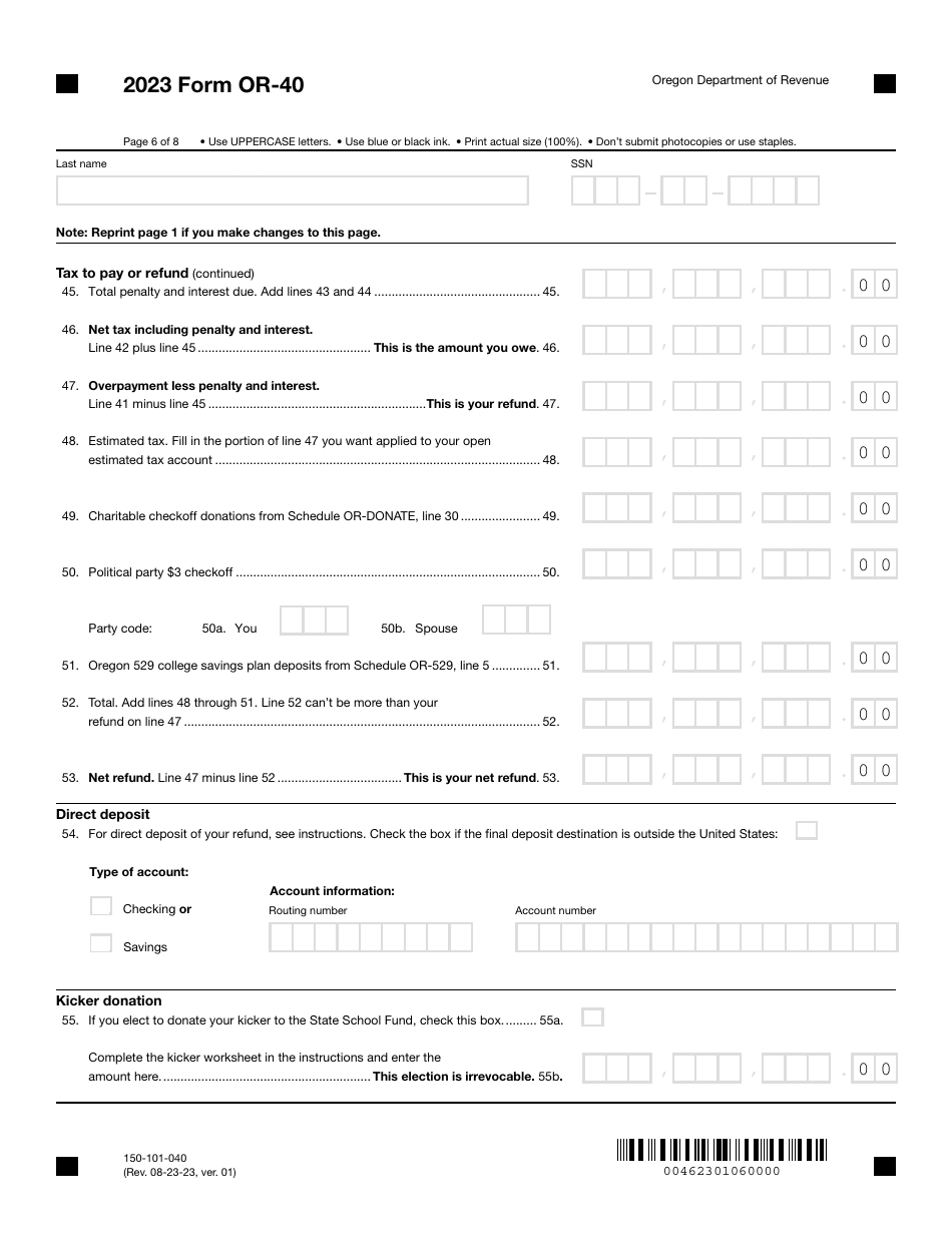 Form OR-40 (150-101-040) Oregon Individual Income Tax Return for Full-Year Residents - Oregon, Page 6