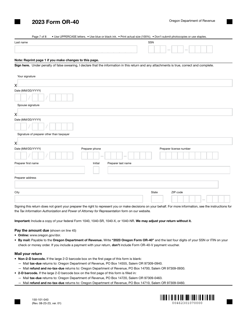Form OR-40 (150-101-040) Oregon Individual Income Tax Return for Full-Year Residents - Oregon, Page 7