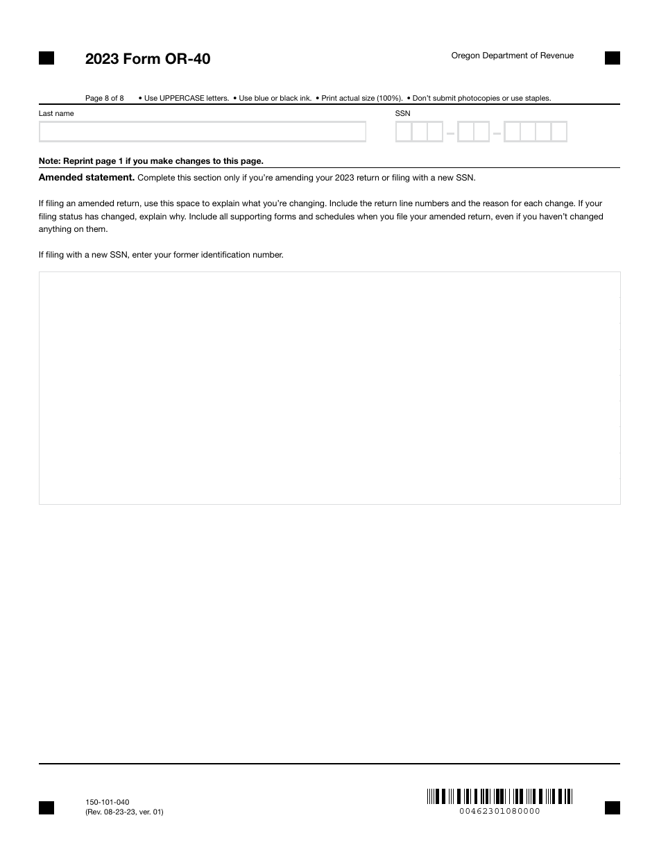 Form OR-40 (150-101-040) Oregon Individual Income Tax Return for Full-Year Residents - Oregon, Page 8