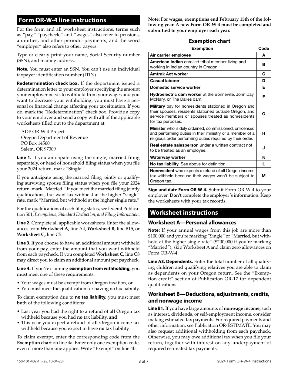 Download Instructions For Form OR-W-4, 150-101-402 Oregon Withholding ...