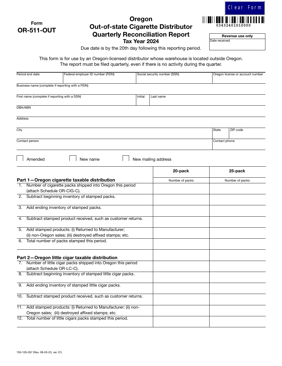 Form OR-511-OUT (150-105-057) Oregon Out-of-State Cigarette Distributor Quarterly Reconciliation Report - Oregon, Page 1