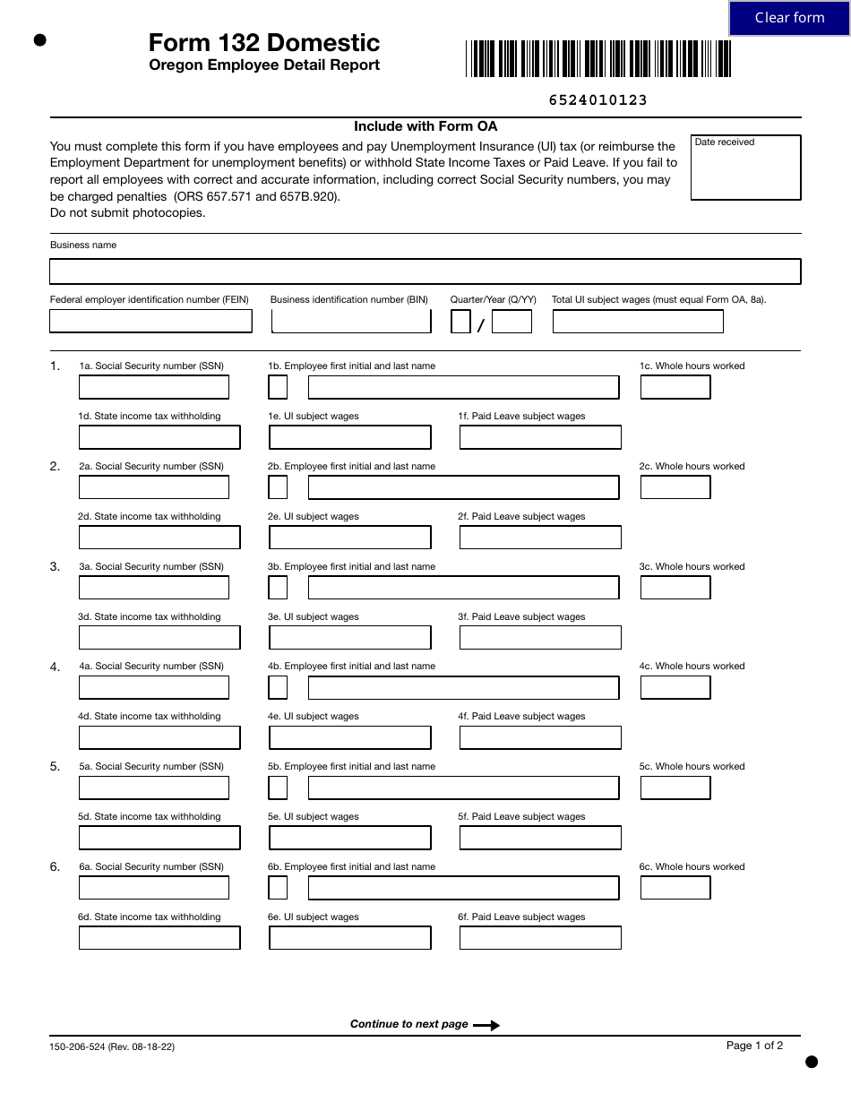 Form 132 DOMESTIC (150-206-524) Oregon Employee Detail Report - Oregon, Page 1