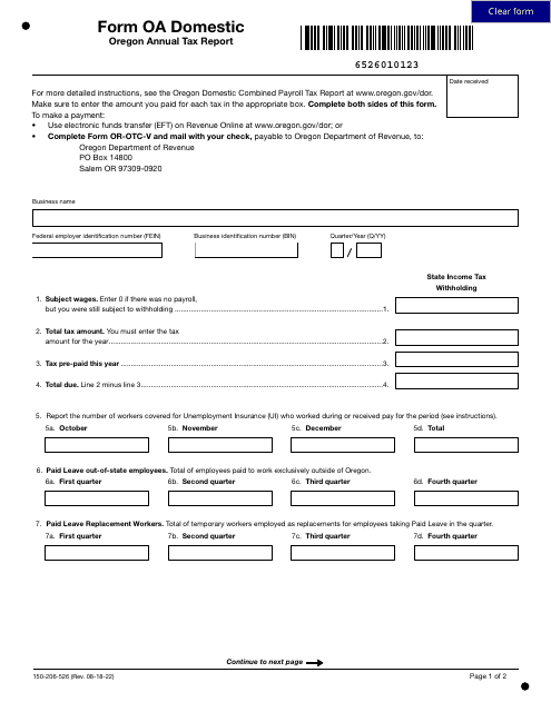 Form OA DOMESTIC (150-206-526)  Printable Pdf