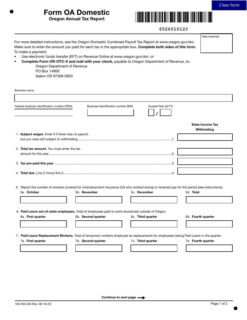 Form OA DOMESTIC (150-206-526) Oregon Annual Tax Report - Oregon, Page 1