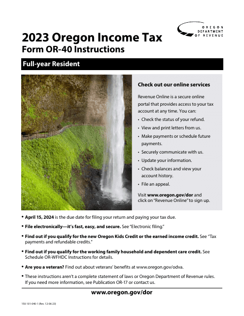 Instructions for Form OR-40, 150-101-040 Oregon Individual Income Tax Return for Full-Year Residents - Oregon, 2023
