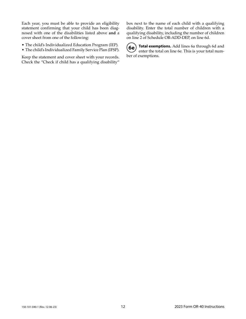 Instructions for Form OR-40, 150-101-040 Oregon Individual Income Tax Return for Full-Year Residents - Oregon, Page 12
