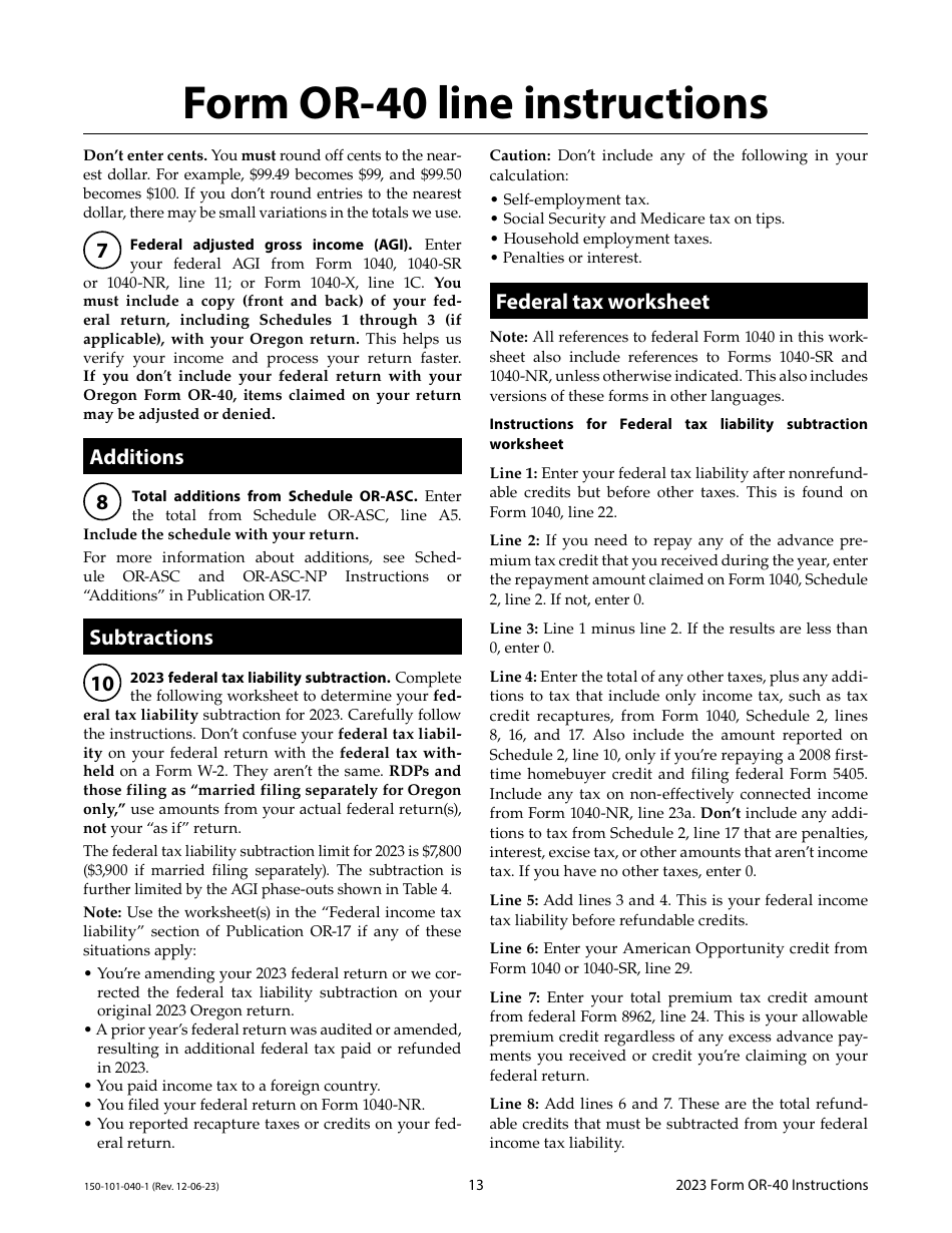 Instructions for Form OR-40, 150-101-040 Oregon Individual Income Tax Return for Full-Year Residents - Oregon, Page 13
