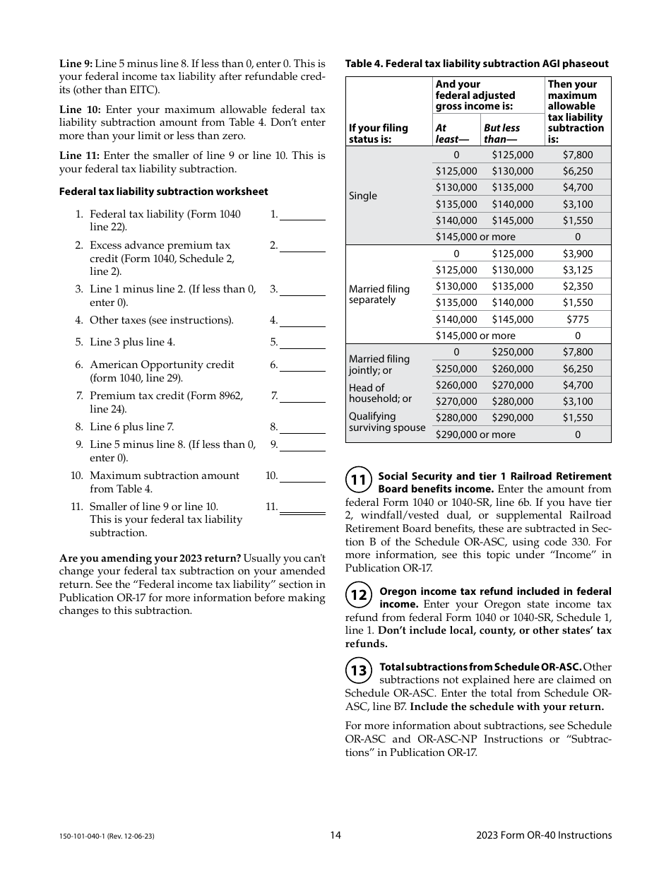 Instructions for Form OR-40, 150-101-040 Oregon Individual Income Tax Return for Full-Year Residents - Oregon, Page 14