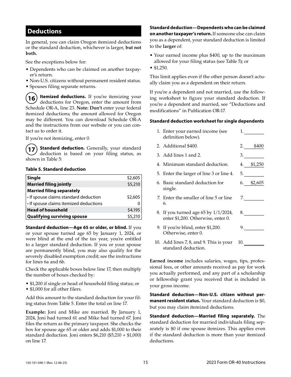 Instructions for Form OR-40, 150-101-040 Oregon Individual Income Tax Return for Full-Year Residents - Oregon, Page 15