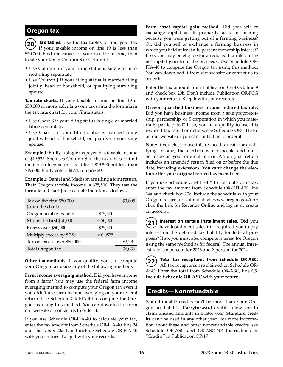 Instructions for Form OR-40, 150-101-040 Oregon Individual Income Tax Return for Full-Year Residents - Oregon, Page 16