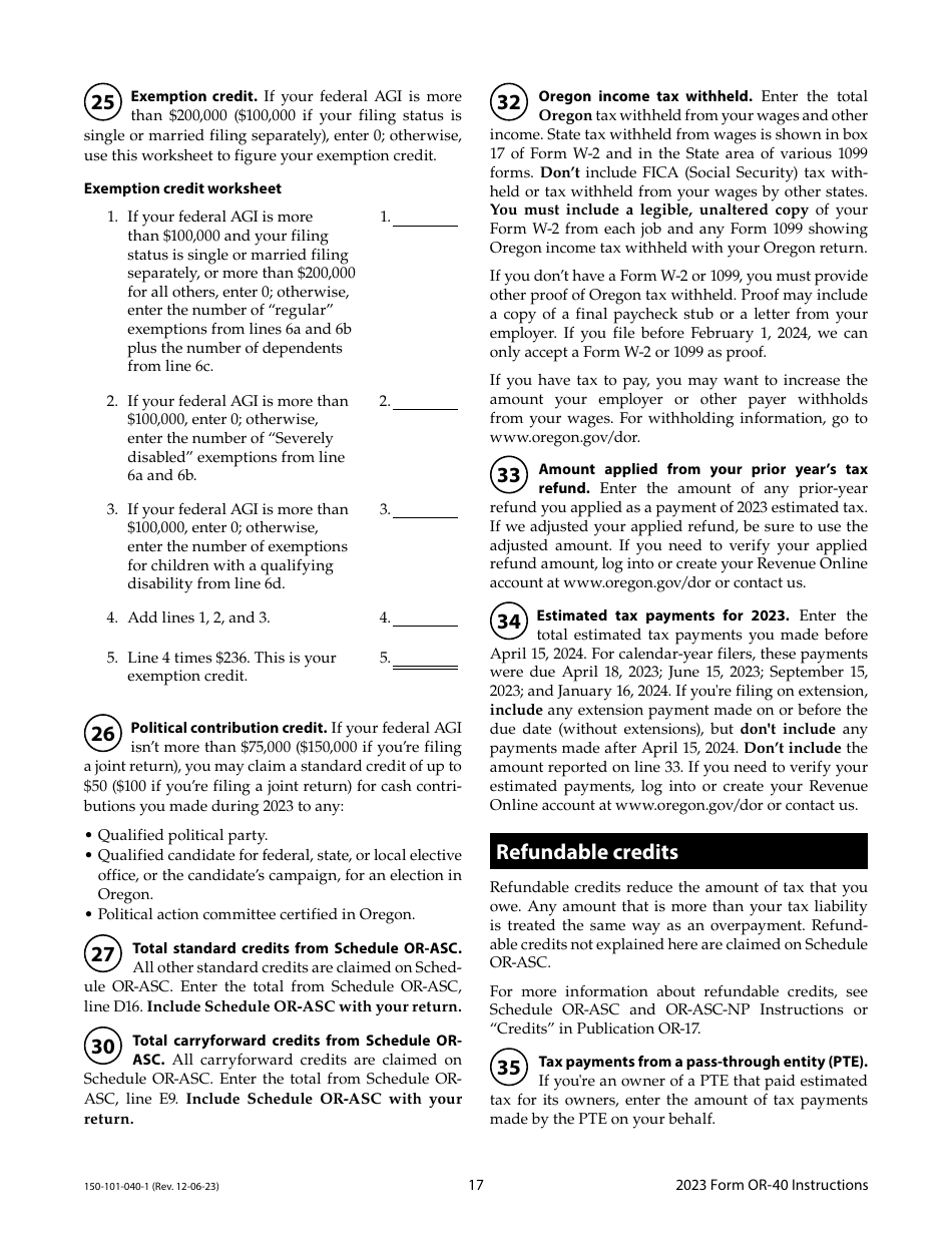 Instructions for Form OR-40, 150-101-040 Oregon Individual Income Tax Return for Full-Year Residents - Oregon, Page 17