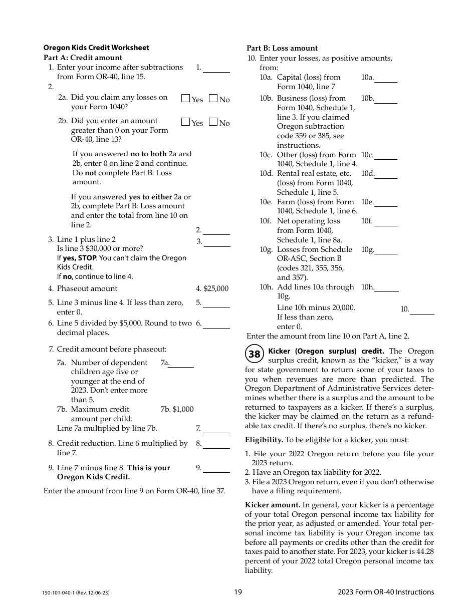 Instructions for Form OR-40, 150-101-040 Oregon Individual Income Tax Return for Full-Year Residents - Oregon, Page 19