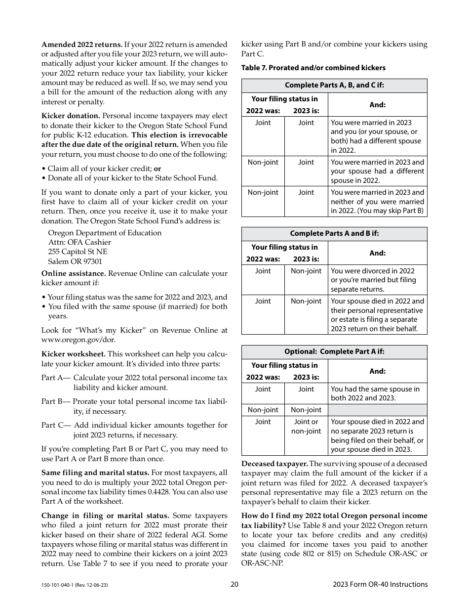 Instructions for Form OR-40, 150-101-040 Oregon Individual Income Tax Return for Full-Year Residents - Oregon, Page 20