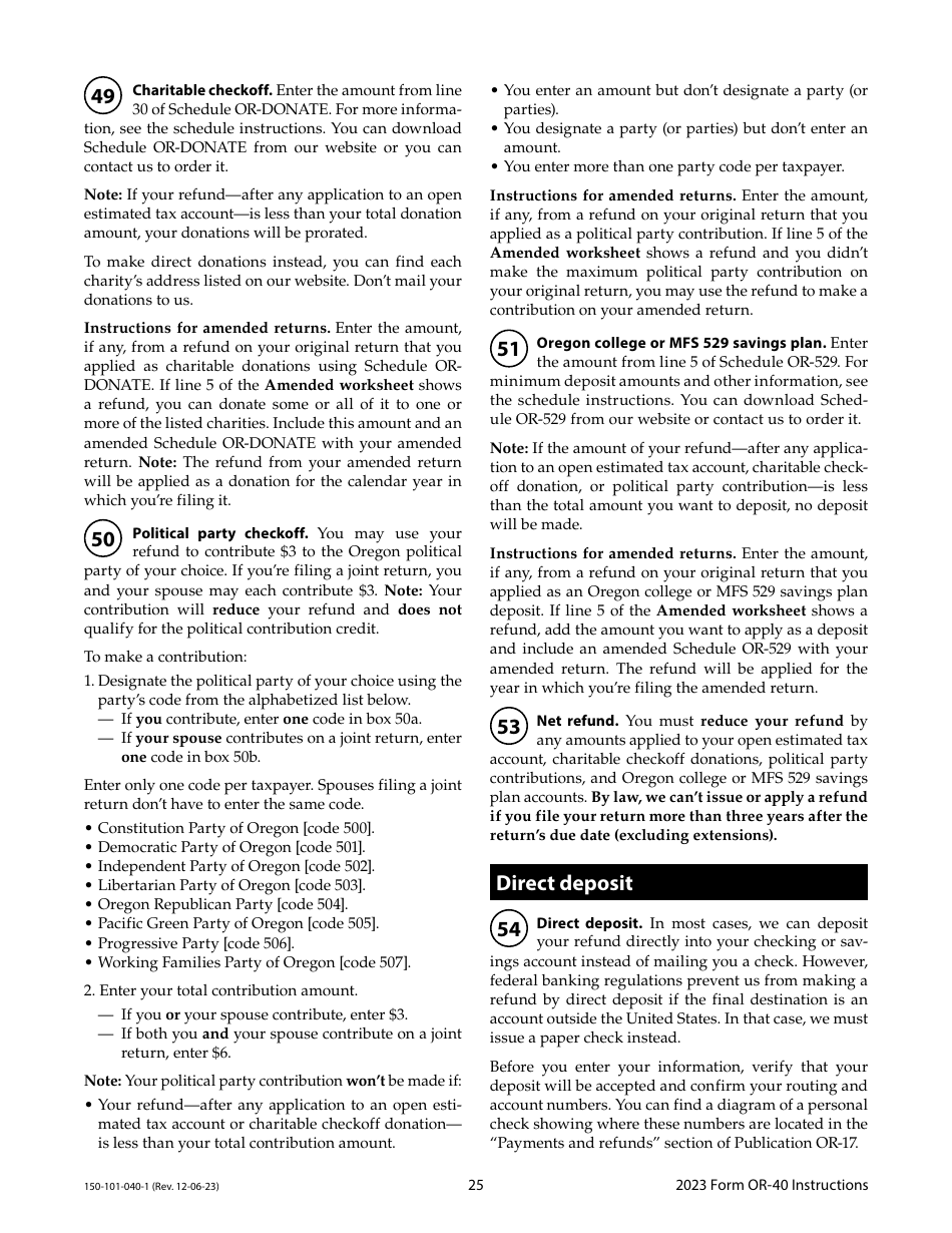 Instructions for Form OR-40, 150-101-040 Oregon Individual Income Tax Return for Full-Year Residents - Oregon, Page 25