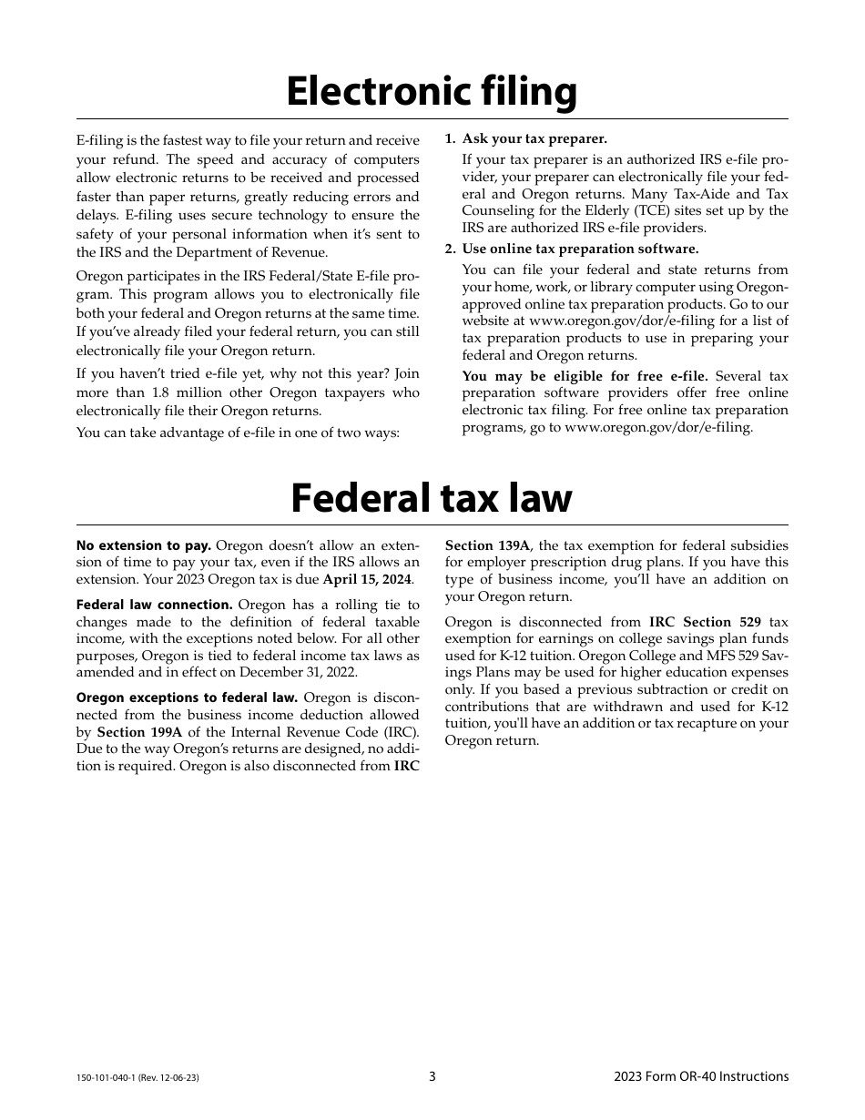 Instructions for Form OR-40, 150-101-040 Oregon Individual Income Tax Return for Full-Year Residents - Oregon, Page 3