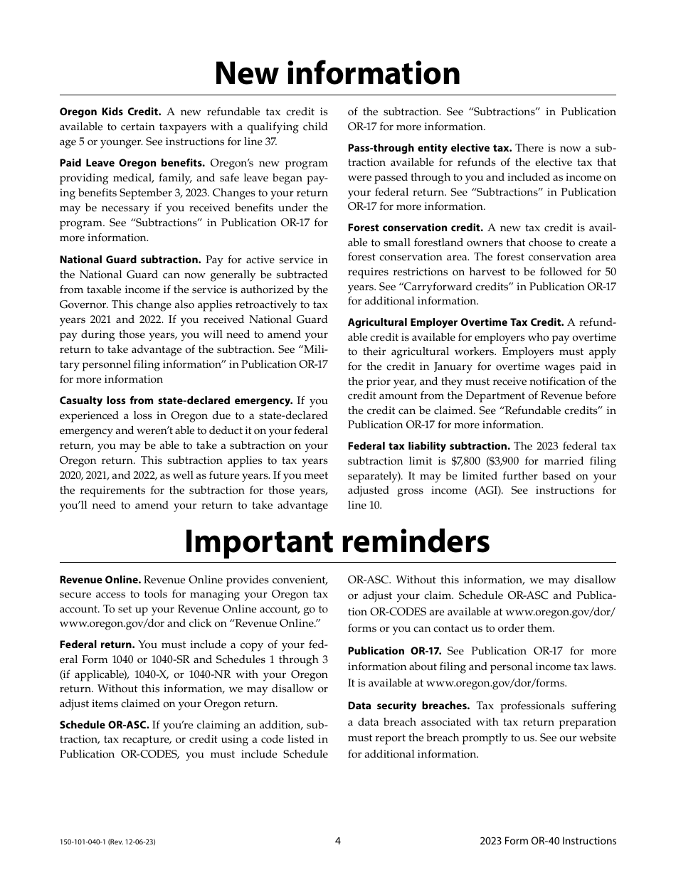 Instructions for Form OR-40, 150-101-040 Oregon Individual Income Tax Return for Full-Year Residents - Oregon, Page 4