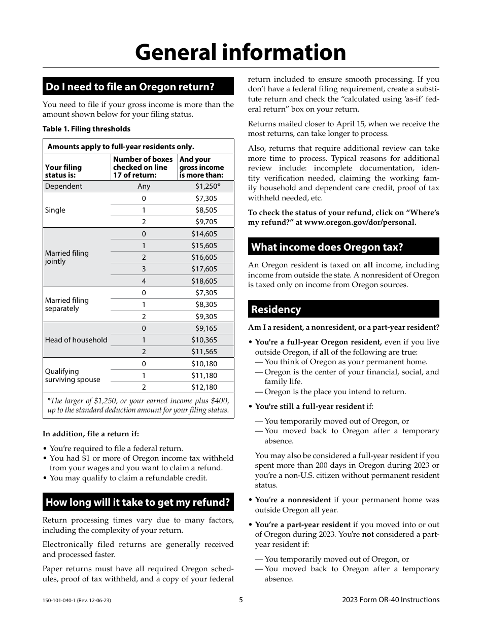 Instructions for Form OR-40, 150-101-040 Oregon Individual Income Tax Return for Full-Year Residents - Oregon, Page 5