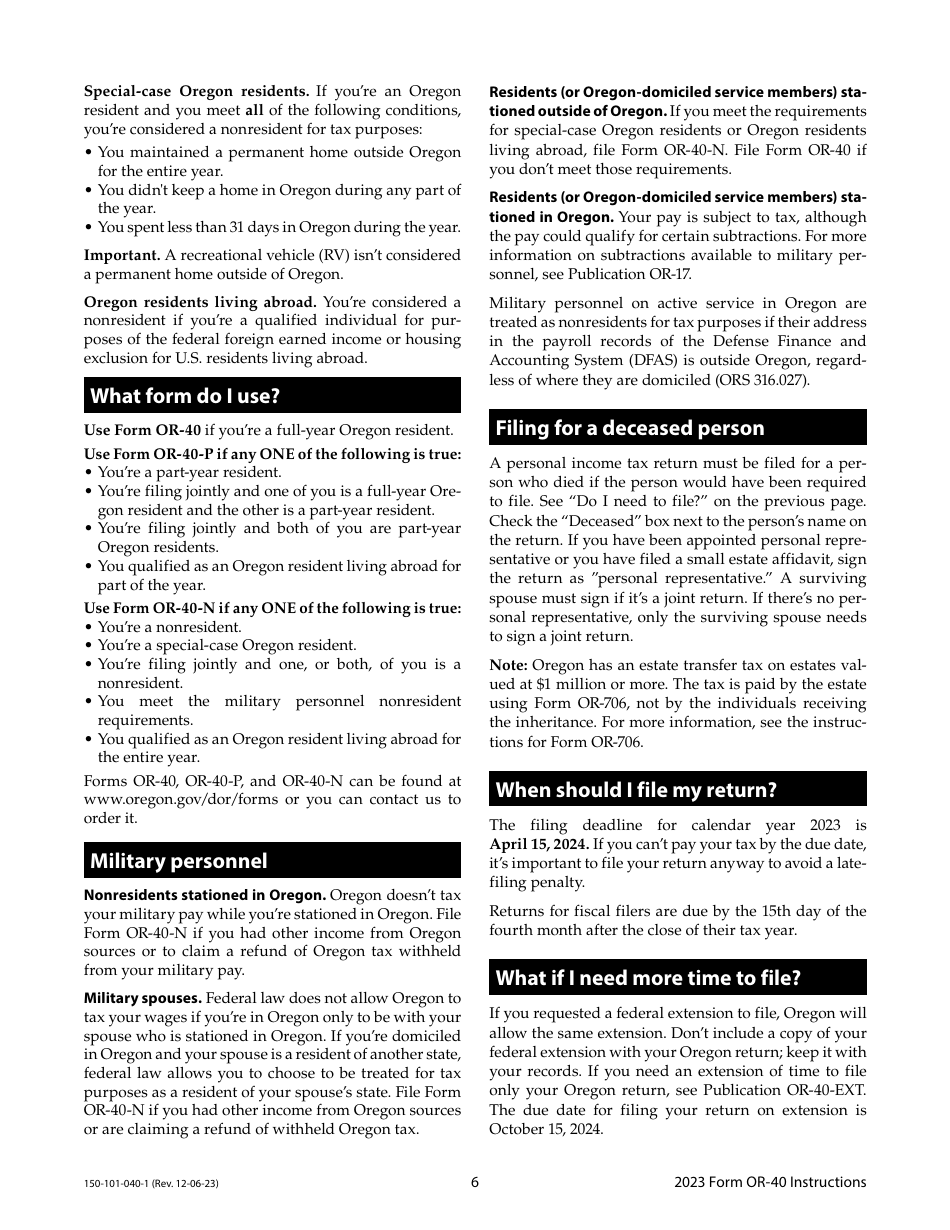 Instructions for Form OR-40, 150-101-040 Oregon Individual Income Tax Return for Full-Year Residents - Oregon, Page 6