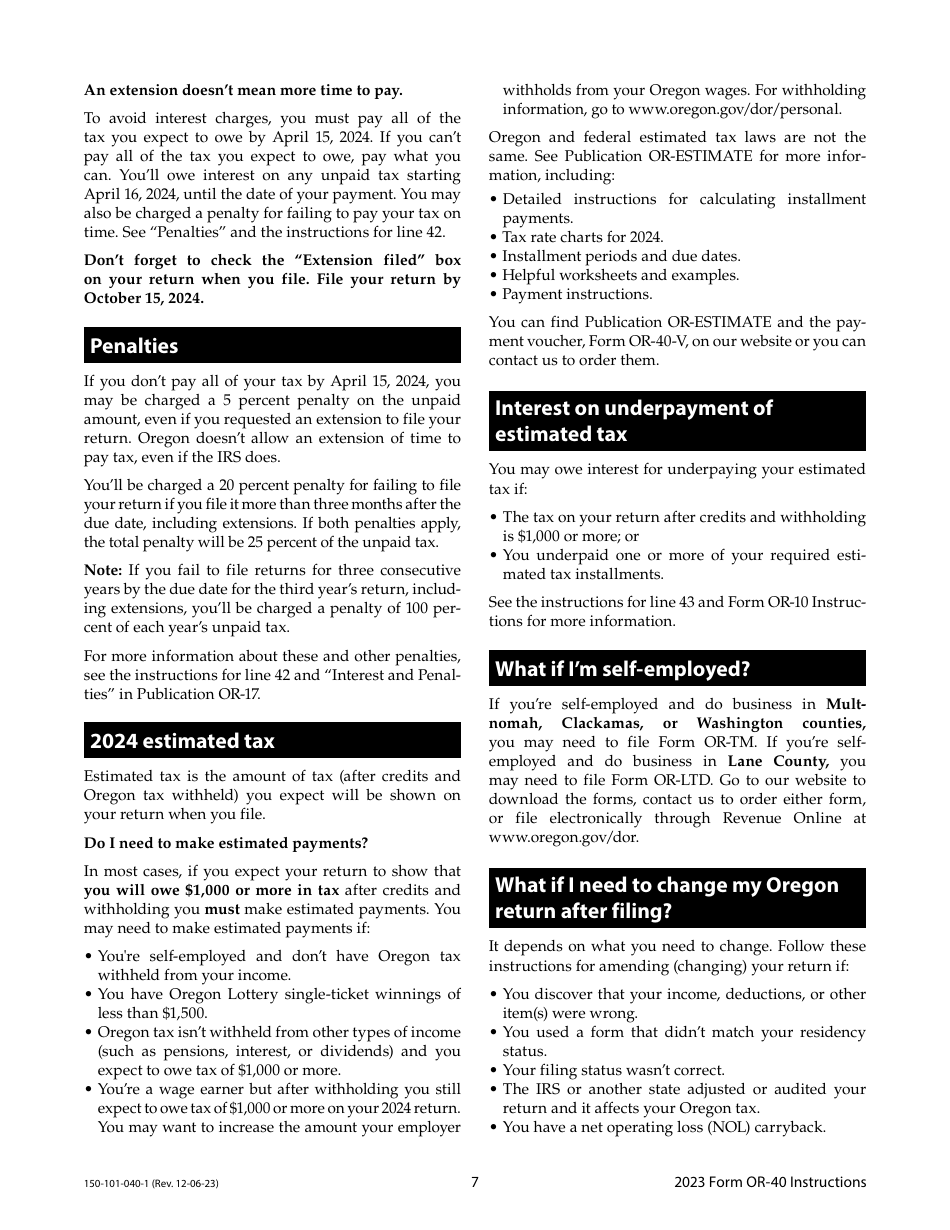 Instructions for Form OR-40, 150-101-040 Oregon Individual Income Tax Return for Full-Year Residents - Oregon, Page 7