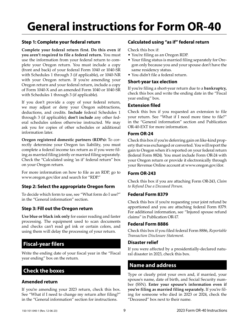 Instructions for Form OR-40, 150-101-040 Oregon Individual Income Tax Return for Full-Year Residents - Oregon, Page 9