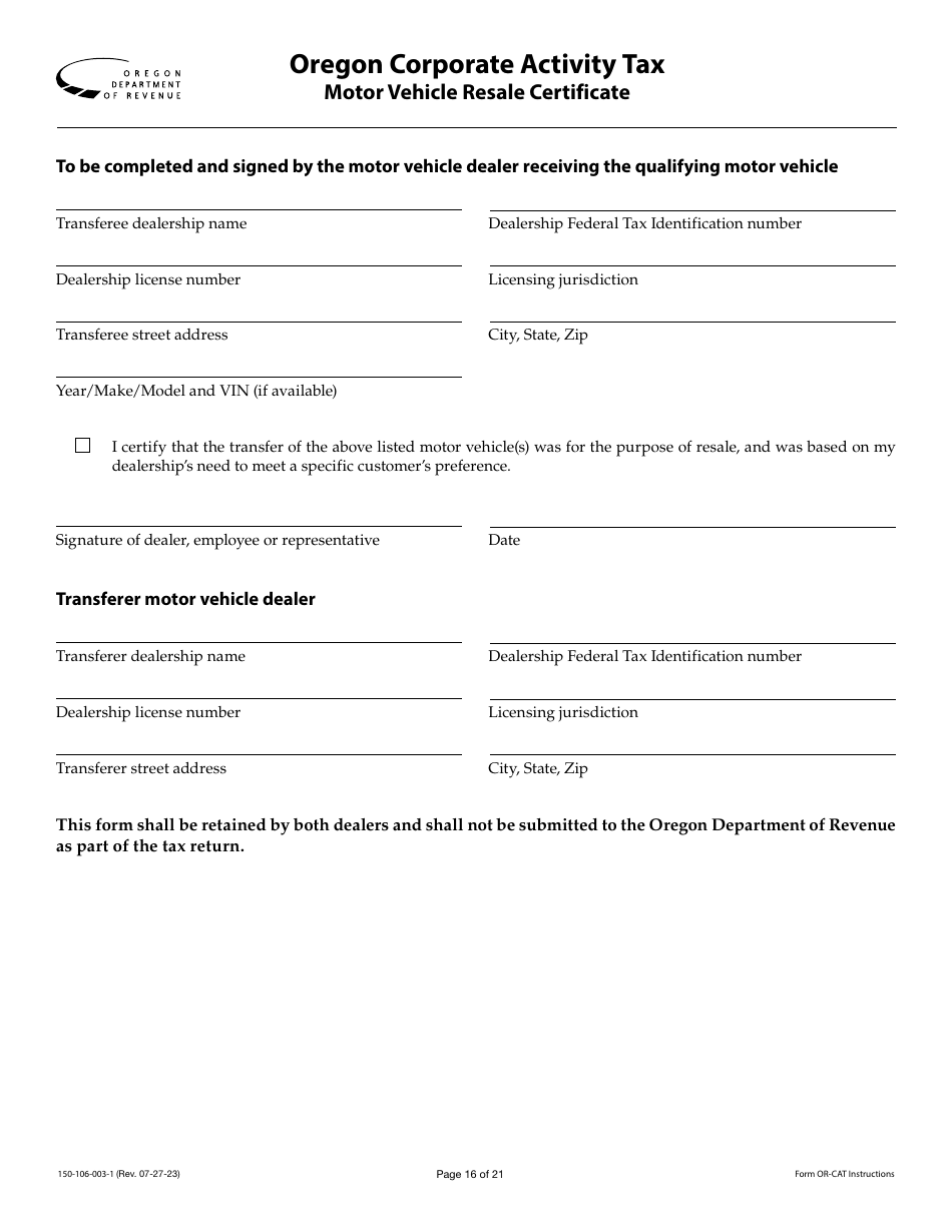 Instructions for Form OR-CAT, 150-106-003 Oregon Corporate Activity Tax Return - Oregon, Page 16