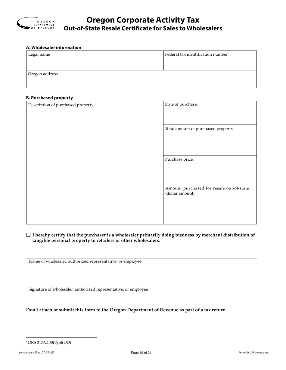 Instructions for Form OR-CAT, 150-106-003 Oregon Corporate Activity Tax Return - Oregon, Page 19