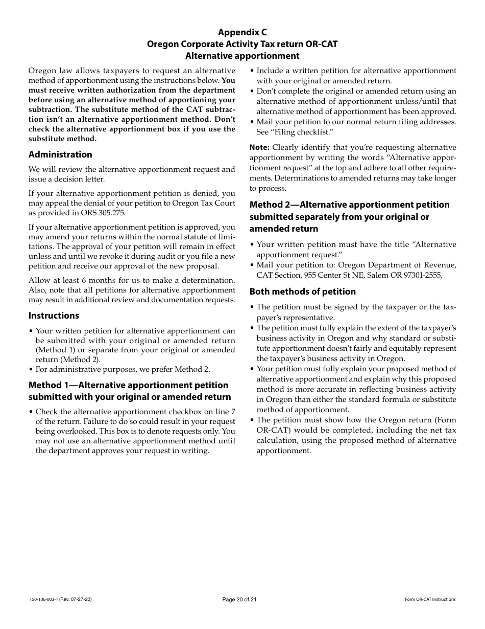 Instructions for Form OR-CAT, 150-106-003 Oregon Corporate Activity Tax Return - Oregon, Page 20