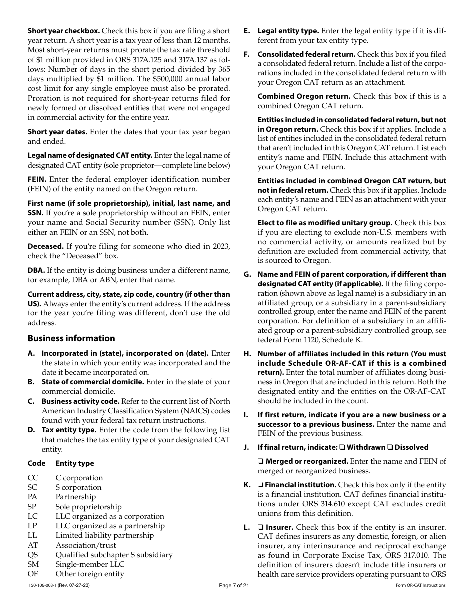 Instructions for Form OR-CAT, 150-106-003 Oregon Corporate Activity Tax Return - Oregon, Page 7