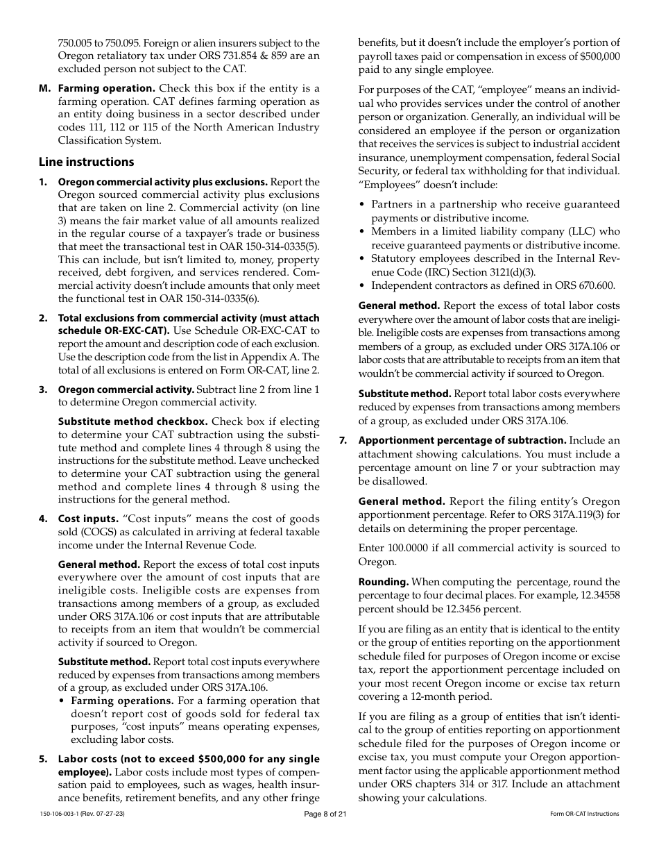 Instructions for Form OR-CAT, 150-106-003 Oregon Corporate Activity Tax Return - Oregon, Page 8