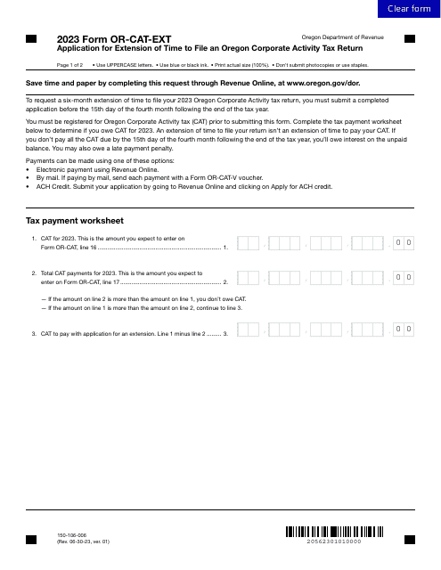 Form OR-CAT-EXT (150-106-006) 2023 Printable Pdf