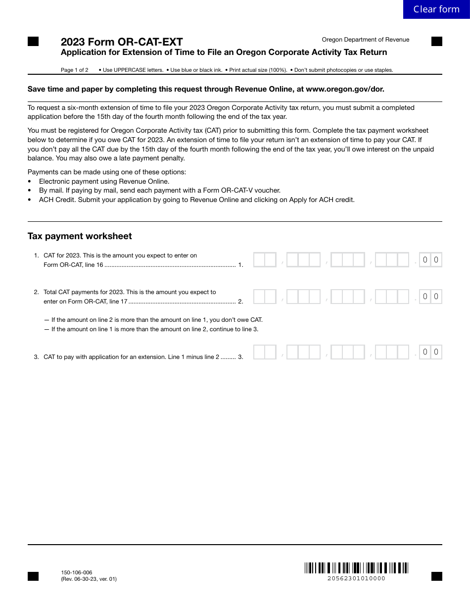 Form OR-CAT-EXT (150-106-006) Application for Extension of Time to File an Oregon Corporate Activity Tax Return - Oregon, Page 1
