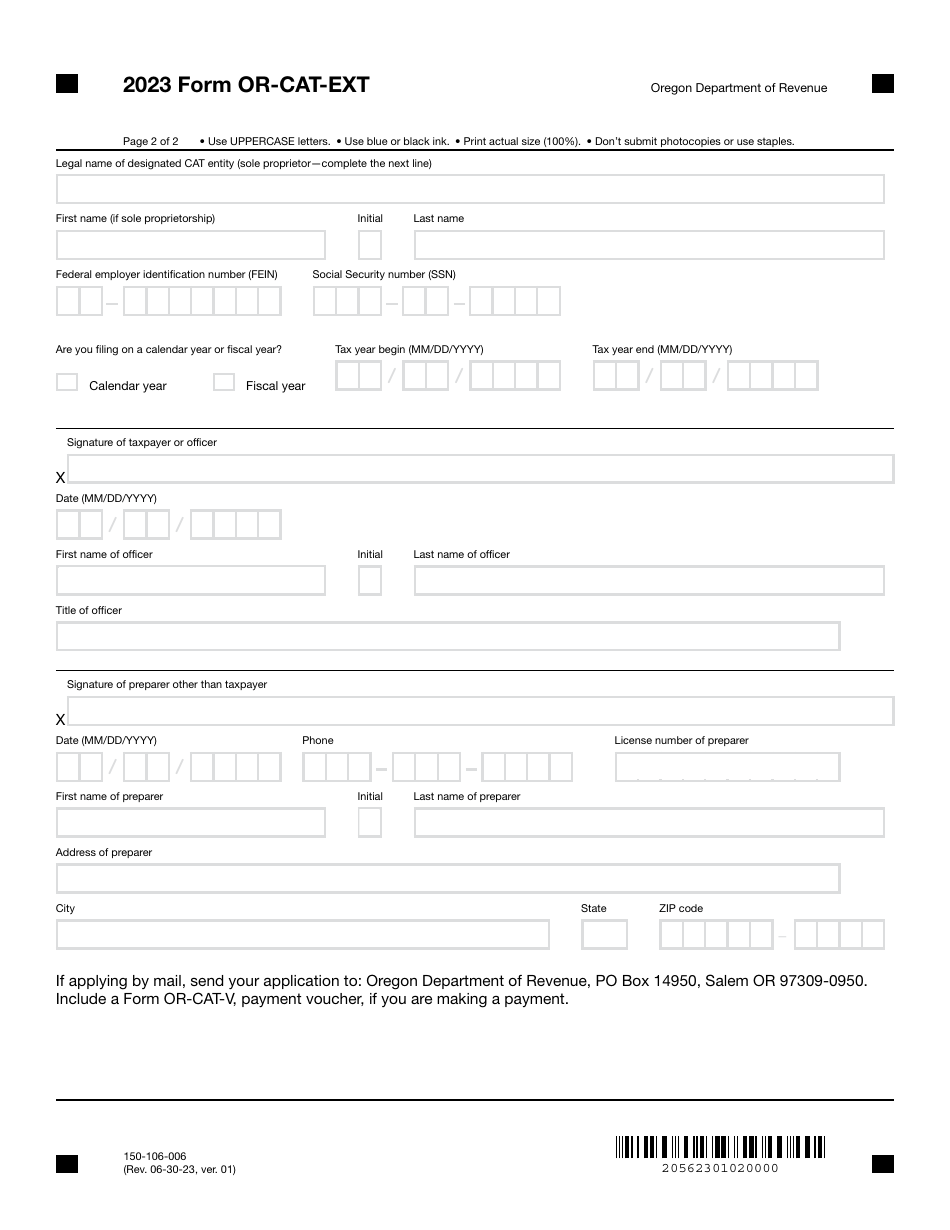 Form OR-CAT-EXT (150-106-006) Application for Extension of Time to File an Oregon Corporate Activity Tax Return - Oregon, Page 2