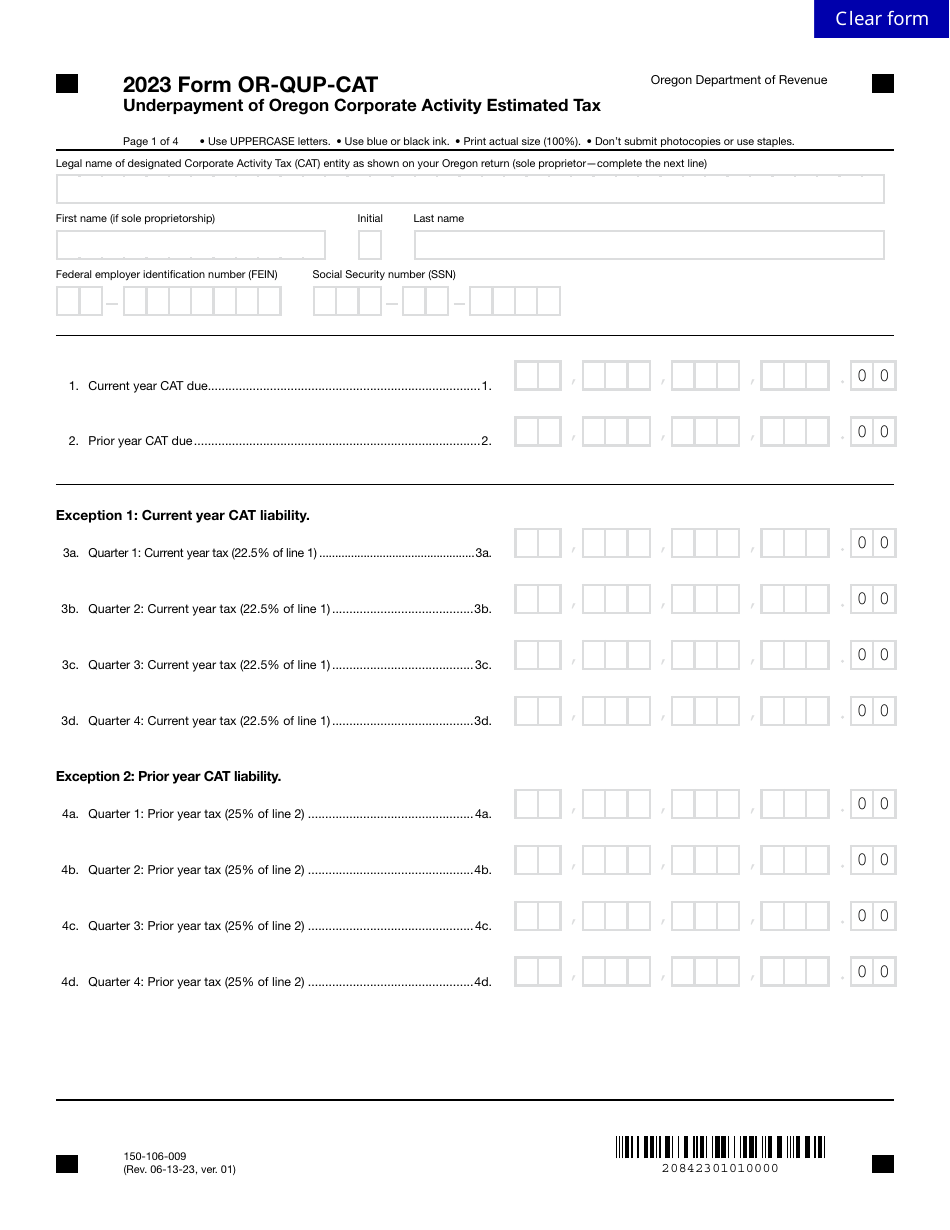 Form OR-QUP-CAT (150-106-009) Underpayment of Oregon Corporate Activity Estimated Tax - Oregon, Page 1