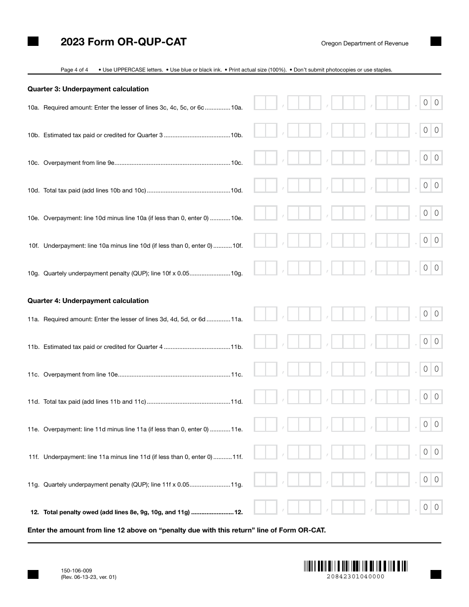 Form OR-QUP-CAT (150-106-009) Underpayment of Oregon Corporate Activity Estimated Tax - Oregon, Page 4