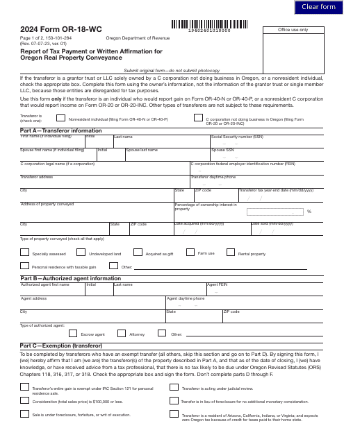 Form OR-18-WC (150-101-284) Report of Tax Payment or Written Affirmation for Oregon Real Property Conveyance - Oregon, 2024
