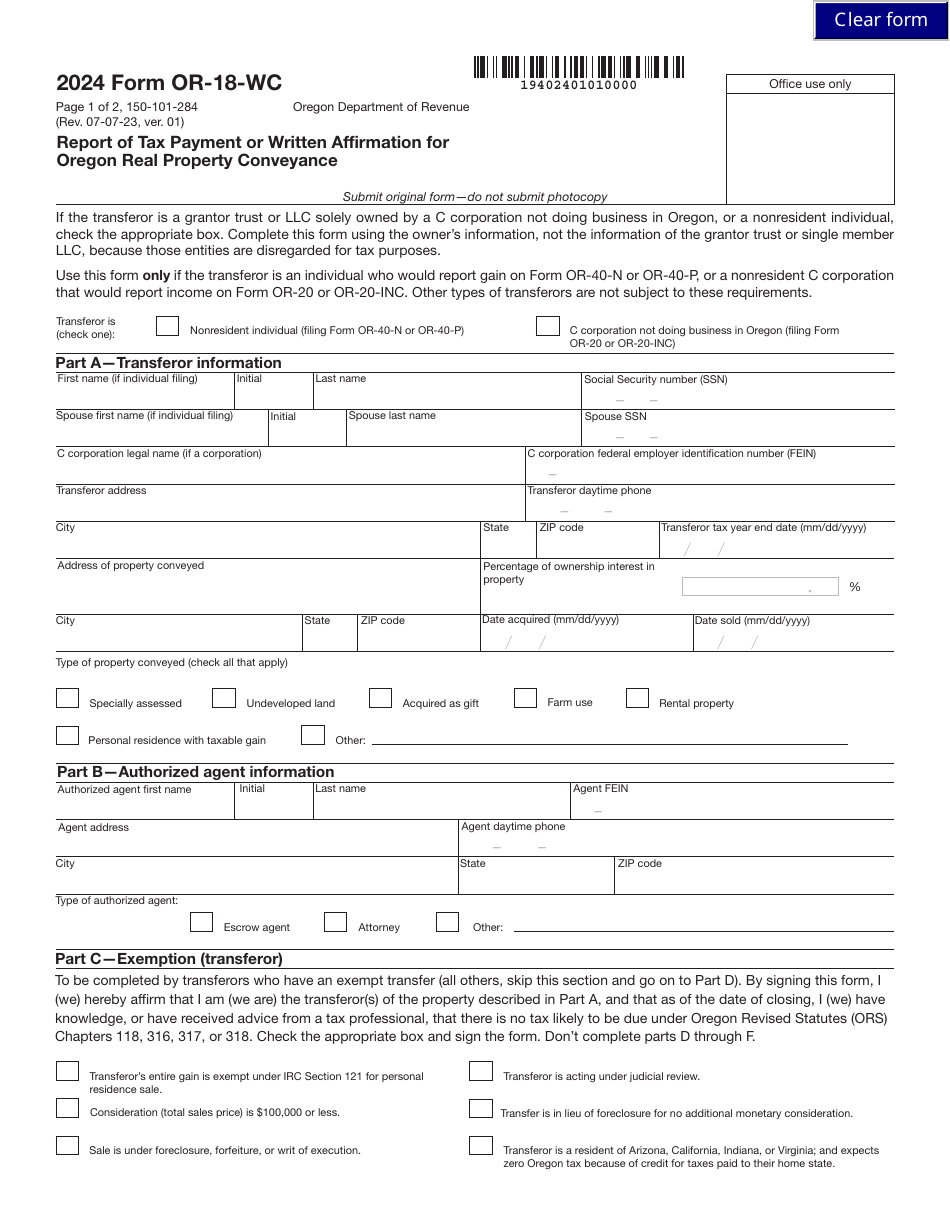 Form OR-18-WC (150-101-284) Report of Tax Payment or Written Affirmation for Oregon Real Property Conveyance - Oregon, Page 1