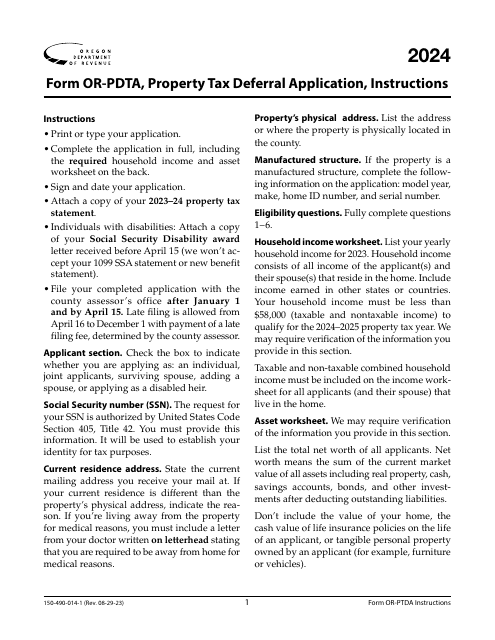 Instructions for Form OR-PDTA, 150-490-014 Property Tax Deferral Application - Oregon, 2024
