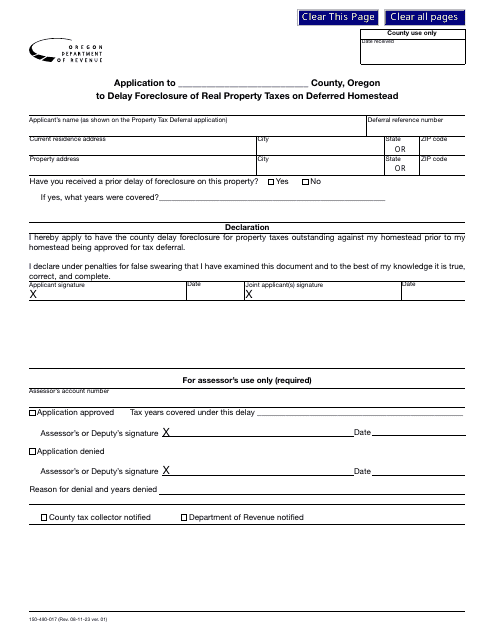 Form 150-490-017 Application to County to Delay Foreclosure of Real Property Taxes on Deferred Homestead - Oregon