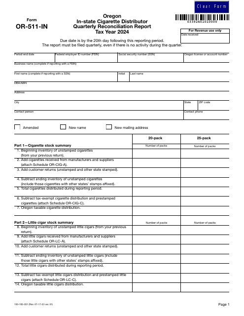 Form OR-511-IN (150-105-051) 2024 Printable Pdf