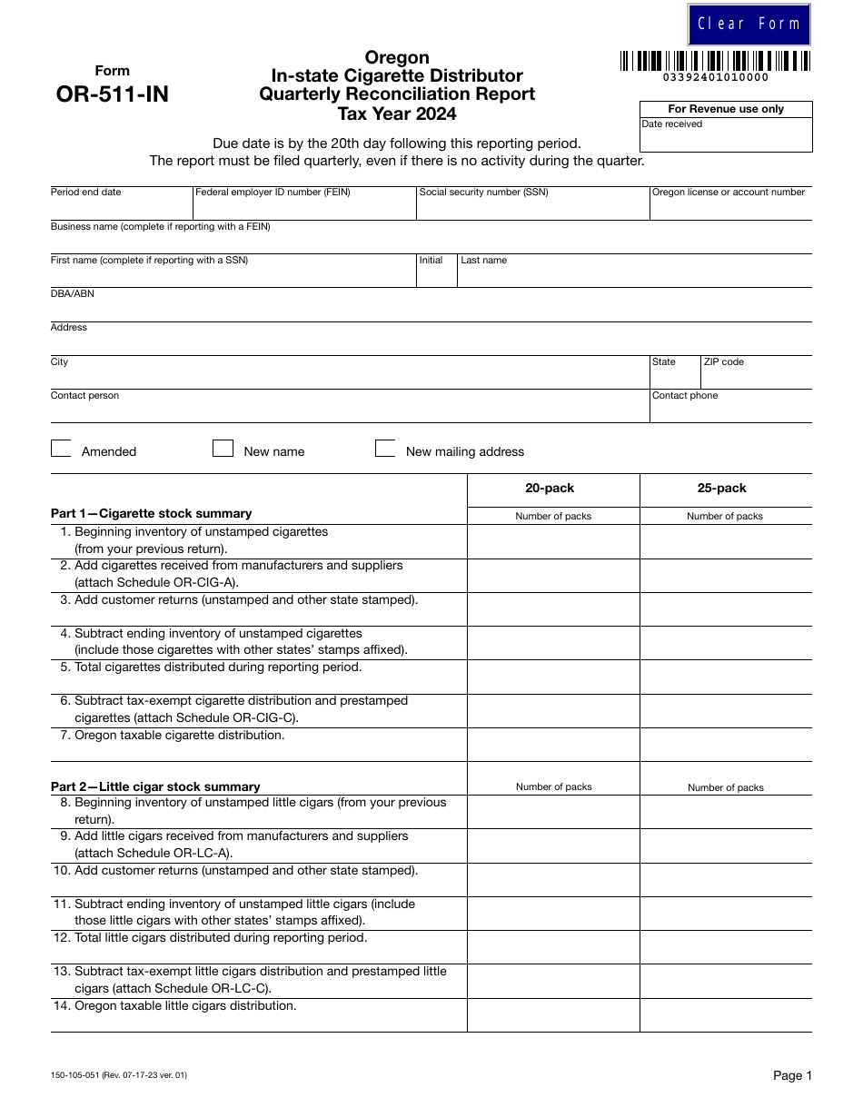 Form OR-511-IN (150-105-051) Oregon in-State Cigarette Distributor Quarterly Reconciliation Report - Oregon, Page 1